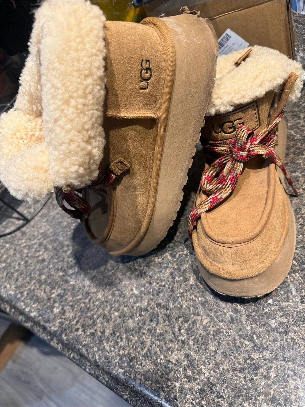 UGG Chestnut Suede Shearling Lace-Up Winter Boots with Multicolor Laces